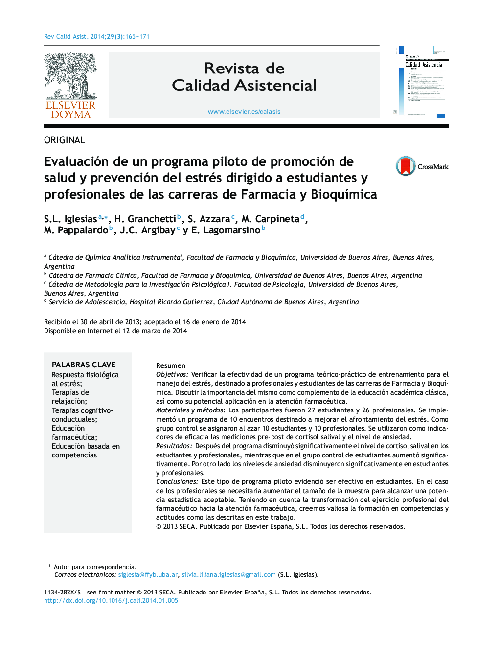 Evaluación de un programa piloto de promoción de salud y prevención del estrés dirigido a estudiantes y profesionales de las carreras de Farmacia y BioquÃ­mica