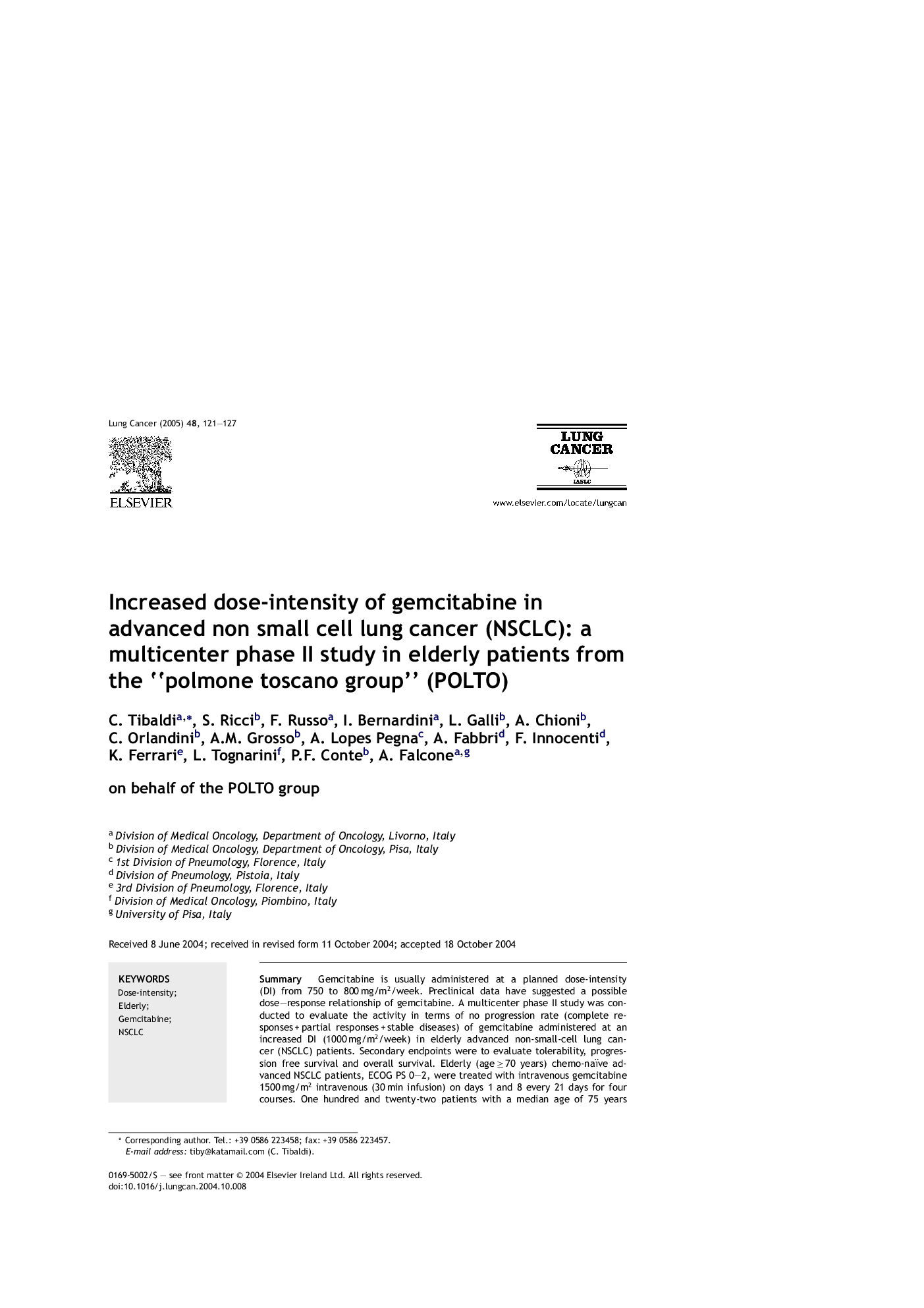 Increased dose-intensity of gemcitabine in advanced non small cell lung cancer (NSCLC): a multicenter phase II study in elderly patients from the “polmone toscano group” (POLTO)