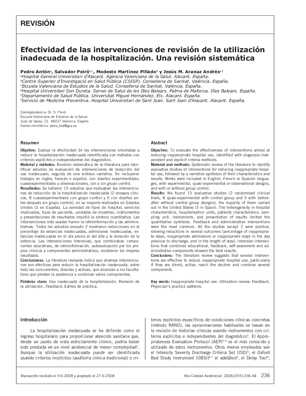 عکس صفحه اول مقاله: Efectividad de las intervenciones de revisión de la utilización inadecuada de la hospitalización. Una revisión sistemática Efectividad de las intervenciones de revisión de la utilización inadecuada de la hospitalización. Una revisión sistemática