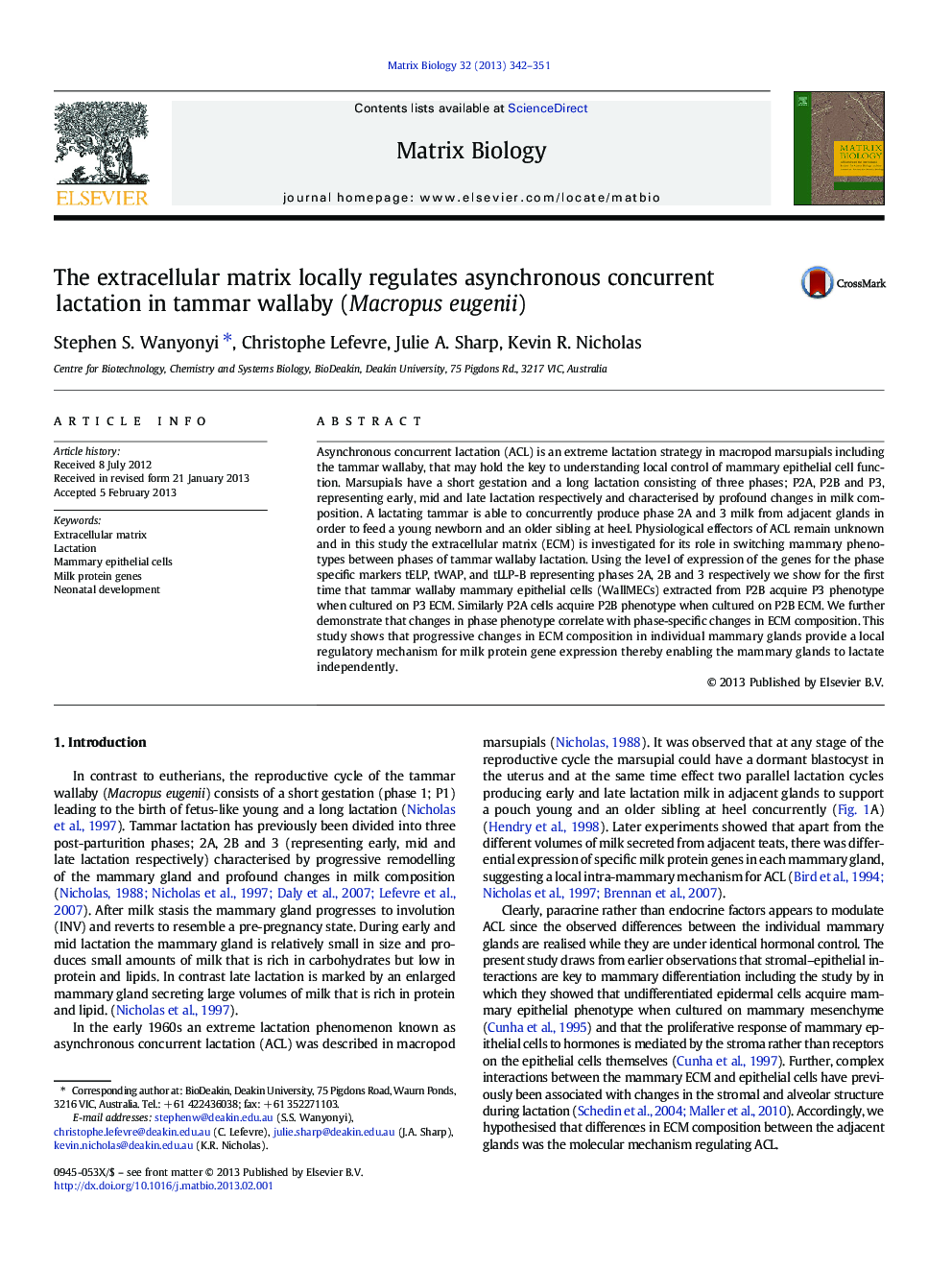 The extracellular matrix locally regulates asynchronous concurrent lactation in tammar wallaby (Macropus eugenii)