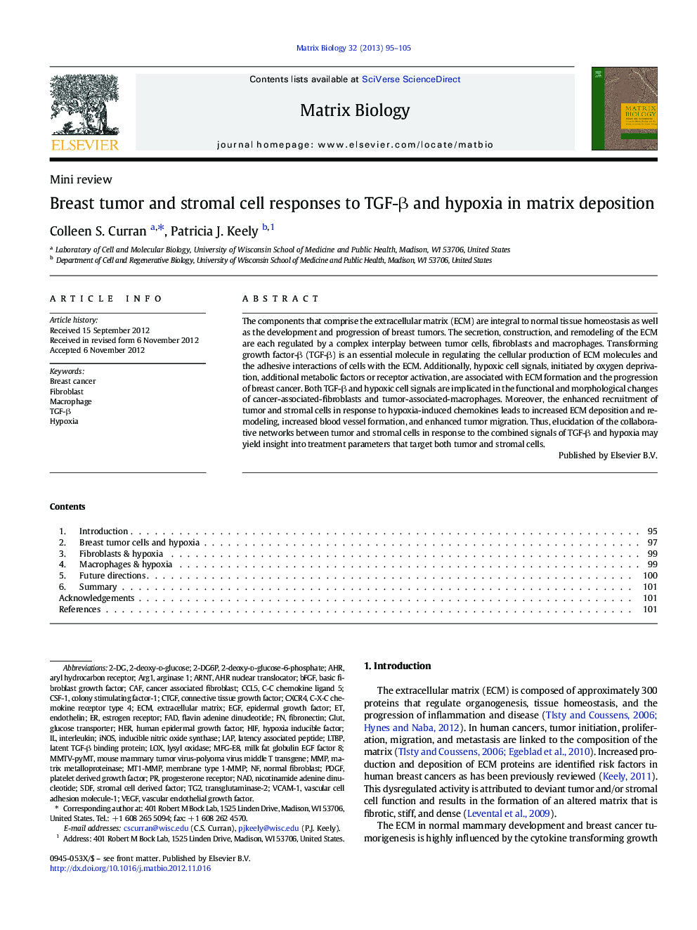 Breast tumor and stromal cell responses to TGF-Î² and hypoxia in matrix deposition