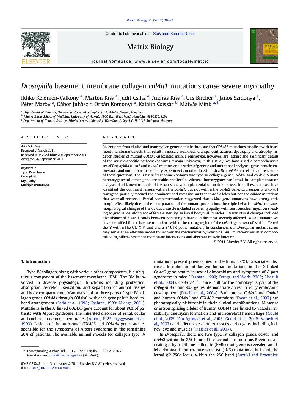 Drosophila basement membrane collagen col4a1 mutations cause severe myopathy