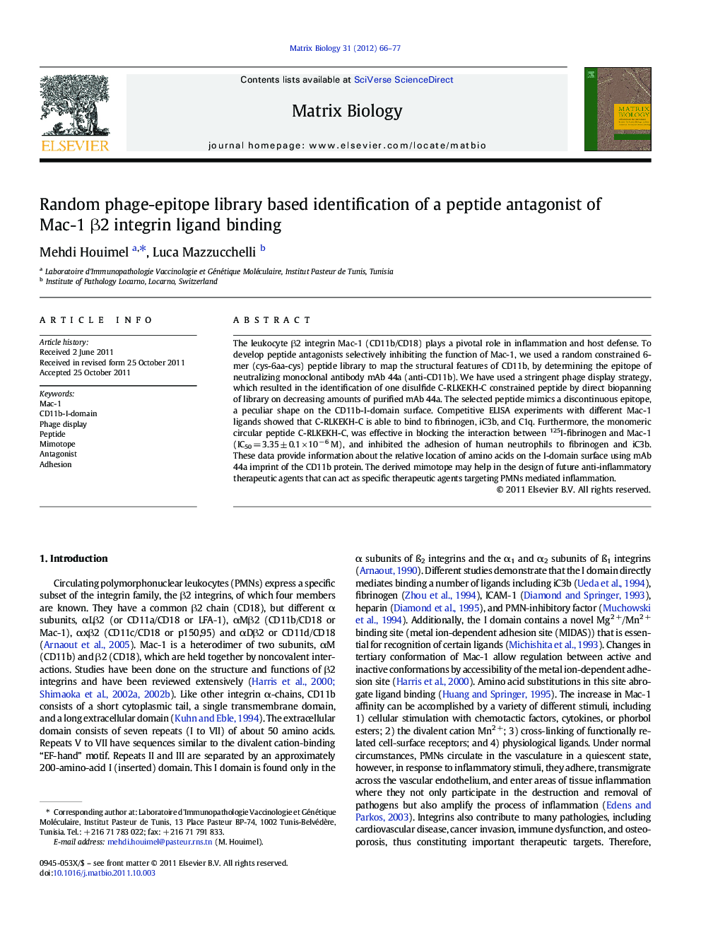 Random phage-epitope library based identification of a peptide antagonist of Mac-1 Î²2 integrin ligand binding