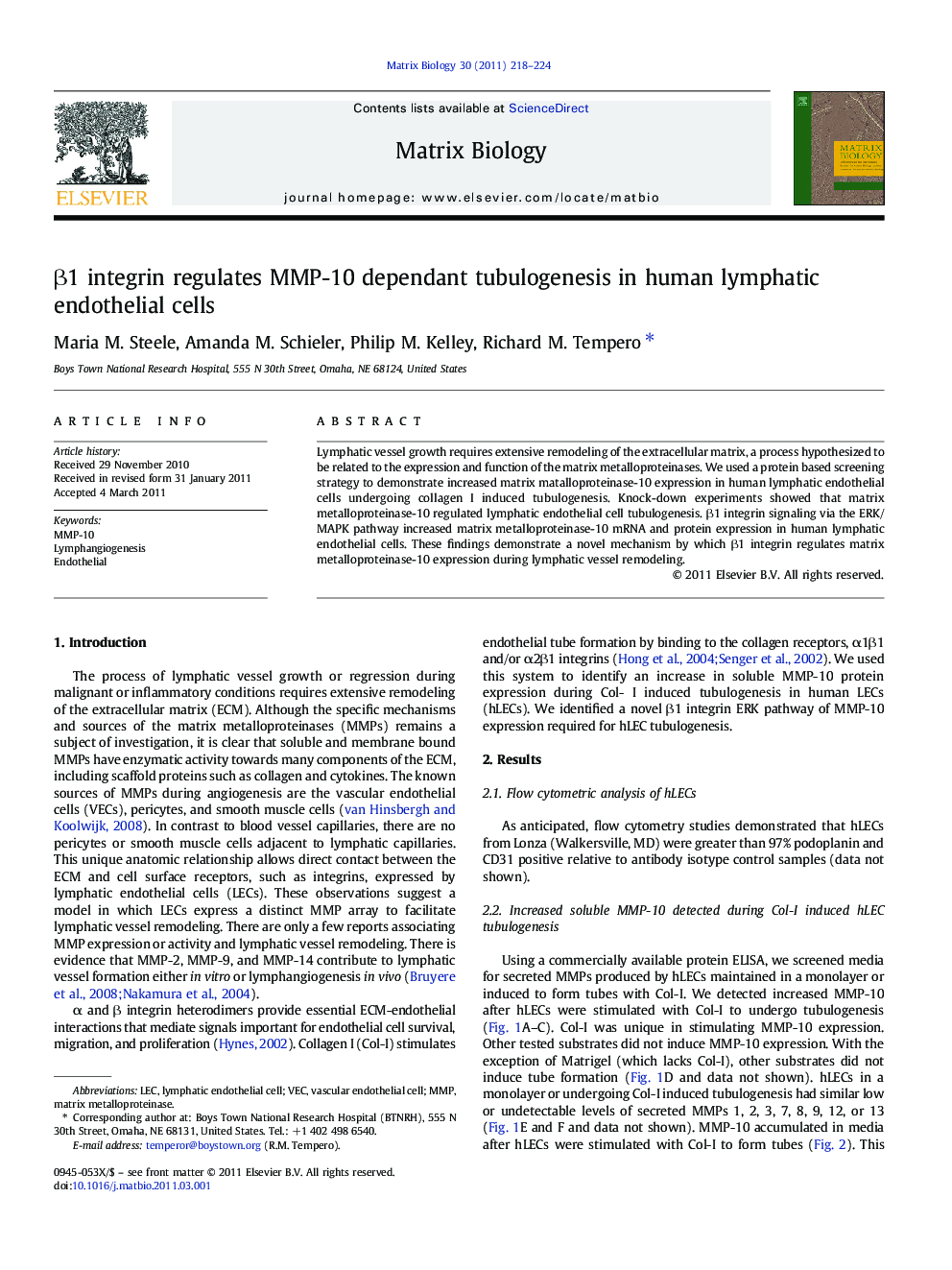 Î²1 integrin regulates MMP-10 dependant tubulogenesis in human lymphatic endothelial cells