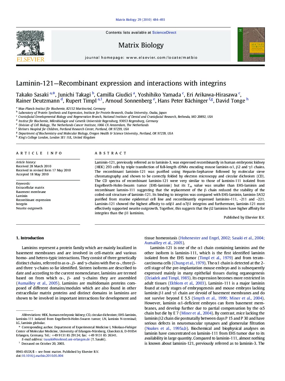 عکس صفحه اول مقاله: Laminin-121-Recombinant expression and interactions with integrins Laminin-121-Recombinant expression and interactions with integrins