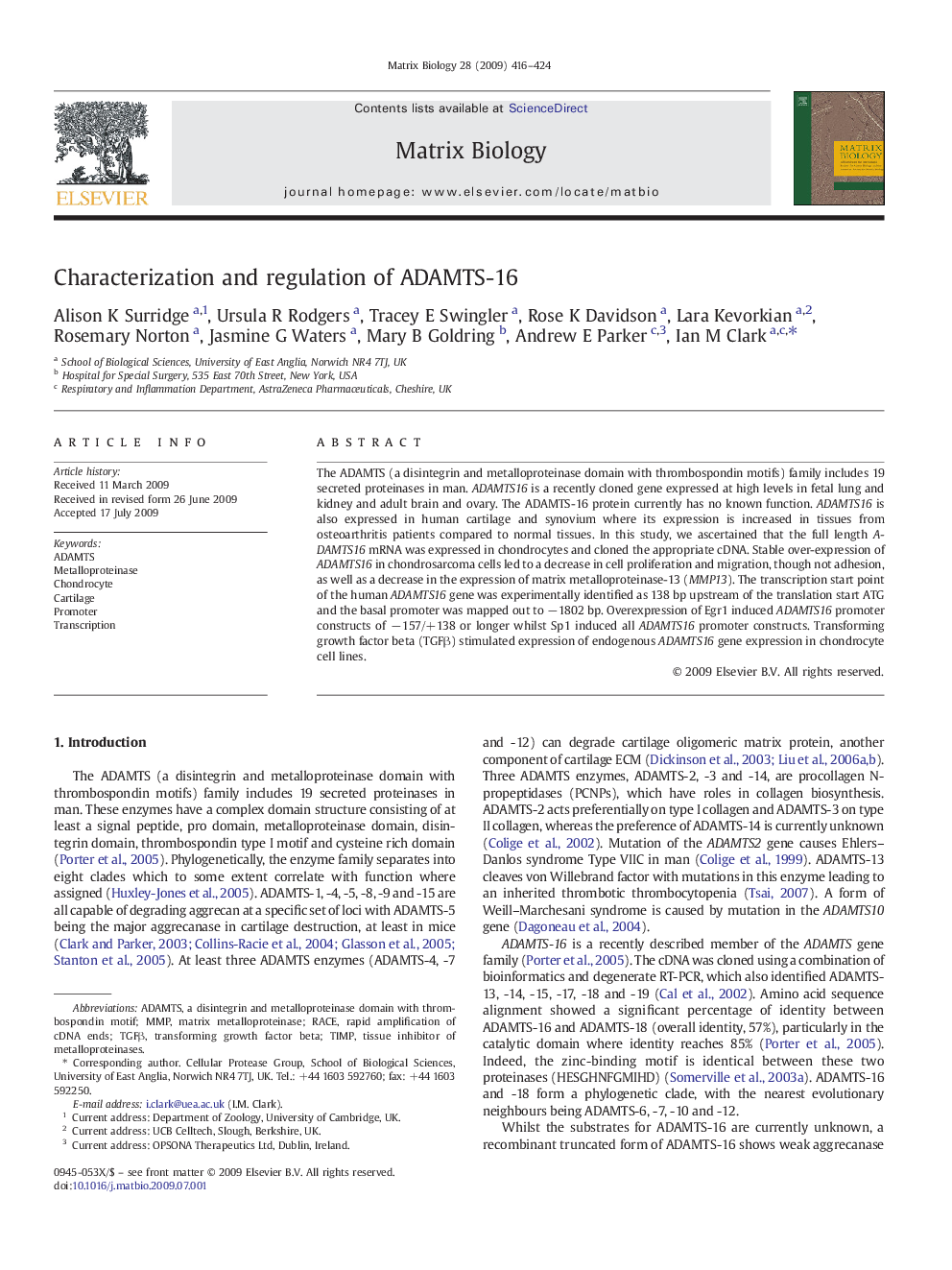 Characterization and regulation of ADAMTS-16