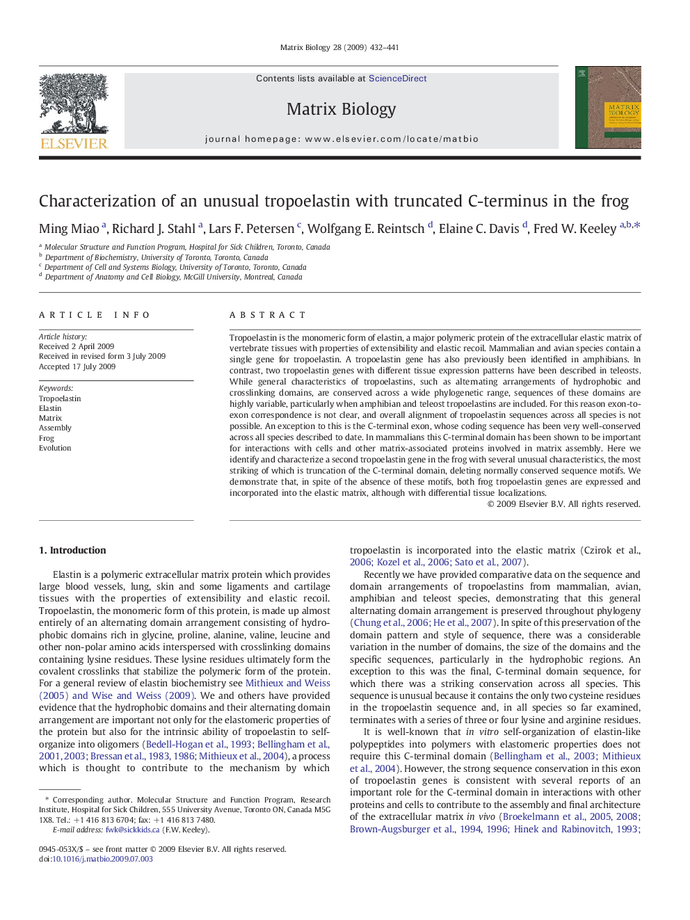 Characterization of an unusual tropoelastin with truncated C-terminus in the frog