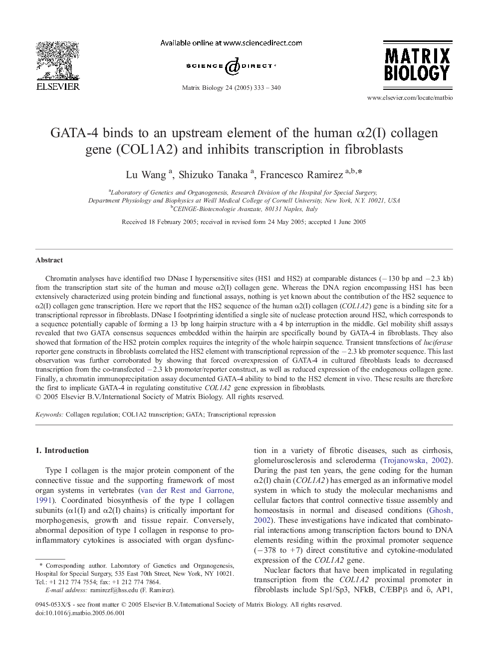 GATA-4 binds to an upstream element of the human Î±2(I) collagen gene (COL1A2) and inhibits transcription in fibroblasts