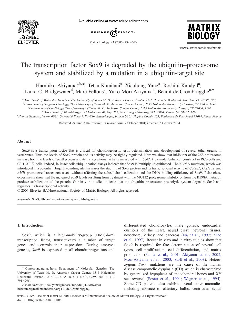 The transcription factor Sox9 is degraded by the ubiquitin-proteasome system and stabilized by a mutation in a ubiquitin-target site