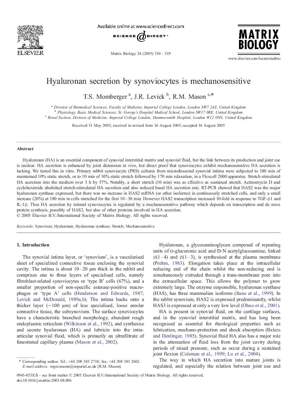 Hyaluronan secretion by synoviocytes is mechanosensitive