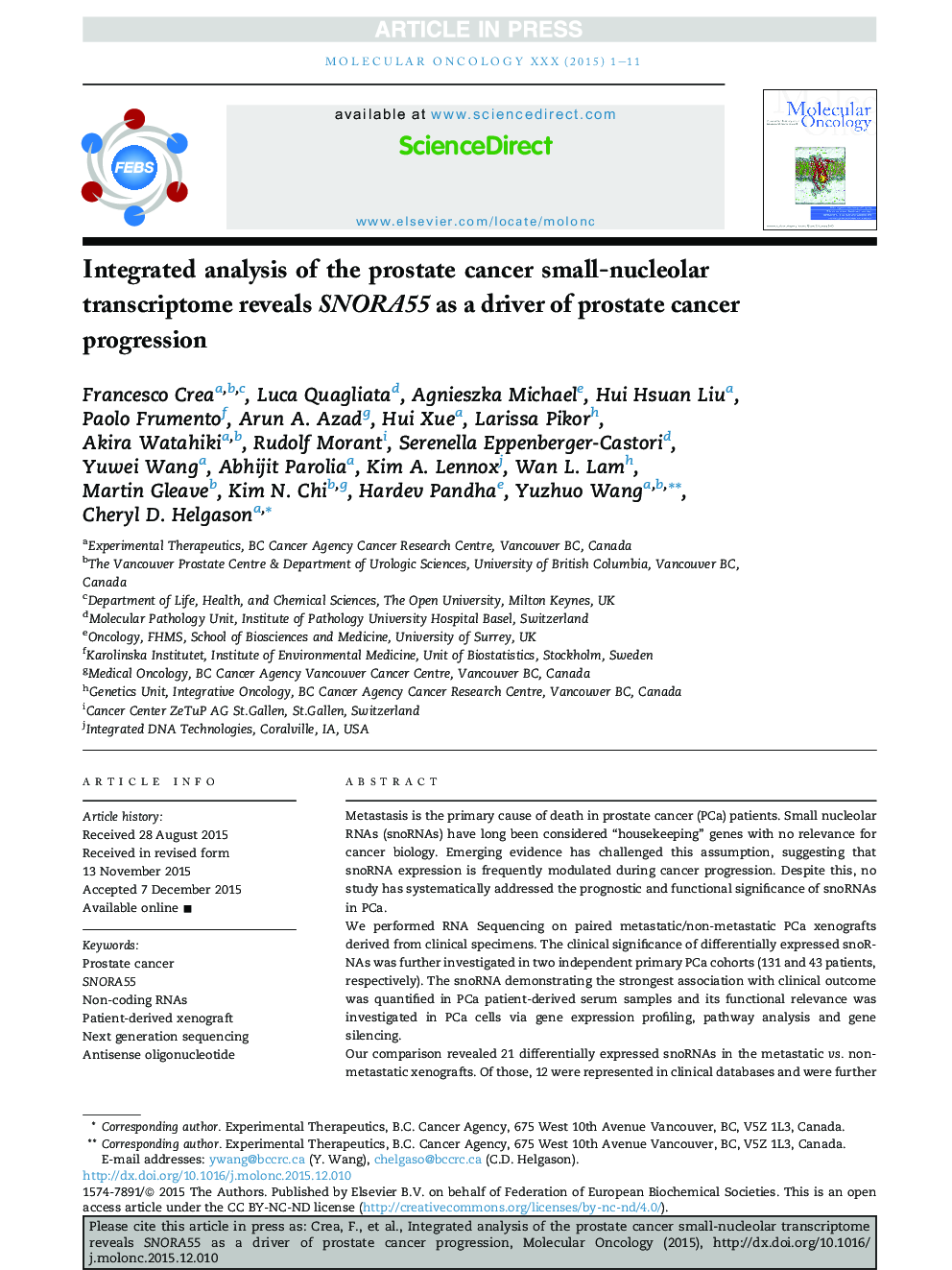 Integrated analysis of the prostate cancer small-nucleolar transcriptome reveals SNORA55 as a driver of prostate cancer progression