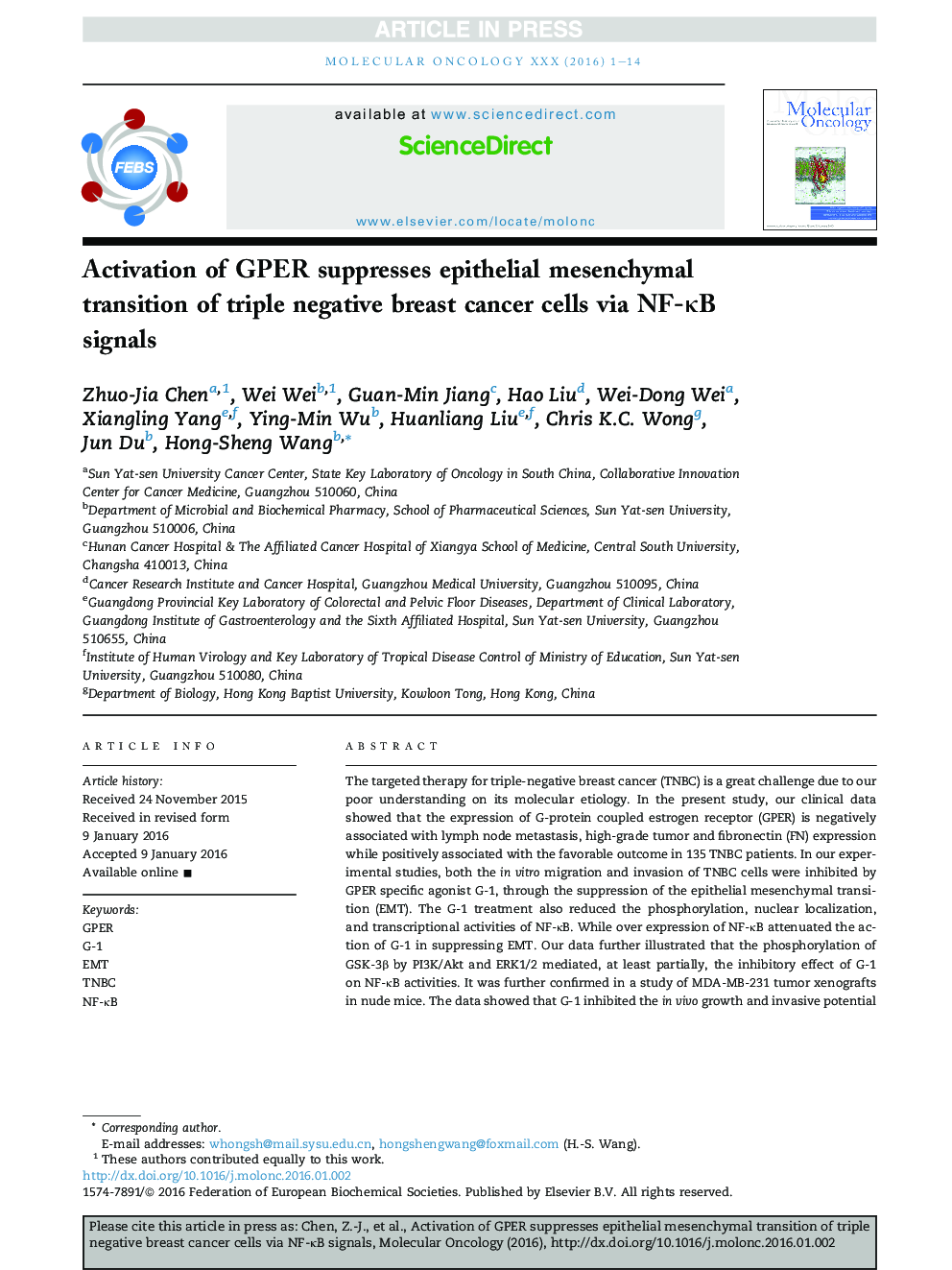 Activation of GPER suppresses epithelial mesenchymal transition of triple negative breast cancer cells via NF-ÎºB signals