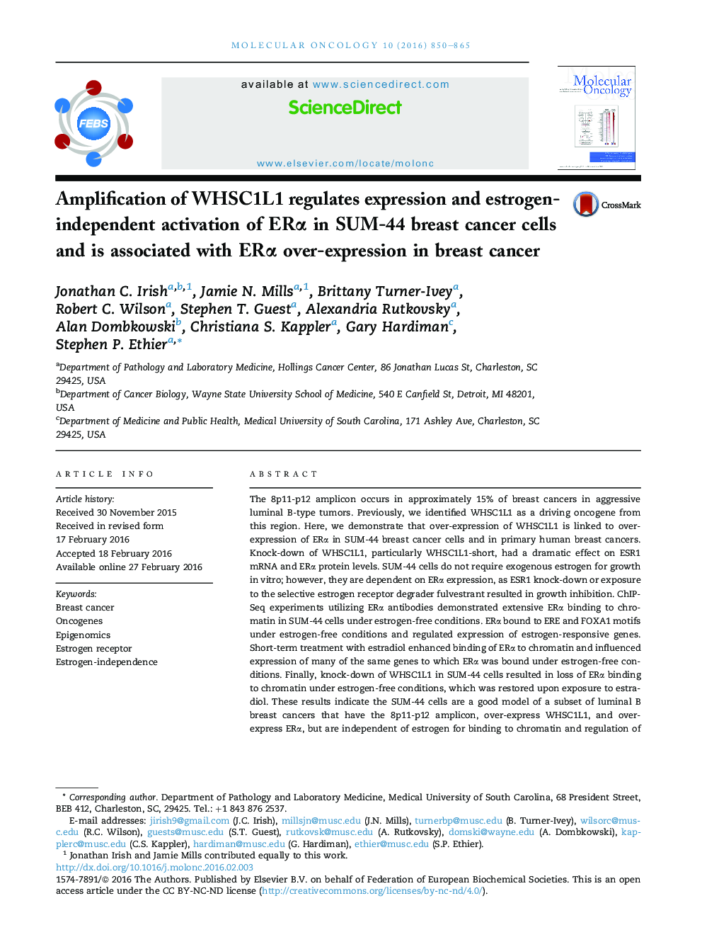 Amplification of WHSC1L1 regulates expression and estrogen-independent activation of ERÎ± in SUM-44 breast cancer cells and is associated with ERÎ± over-expression in breast cancer