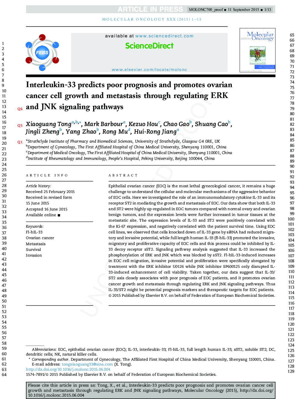 Interleukin-33 predicts poor prognosis and promotes ovarian cancer cell growth and metastasis through regulating ERK and JNK signaling pathways