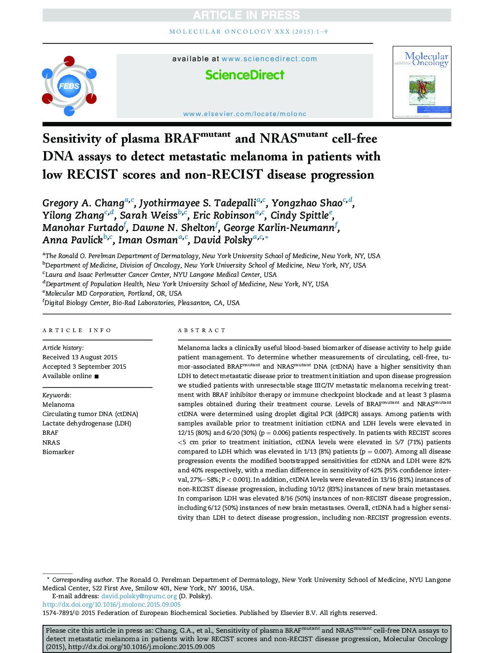Sensitivity of plasma BRAFmutant and NRASmutant cell-free DNA assays to detect metastatic melanoma in patients with low RECIST scores and non-RECIST disease progression
