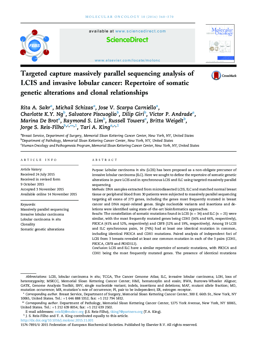 Targeted capture massively parallel sequencing analysis of LCIS and invasive lobular cancer: Repertoire of somatic genetic alterations and clonal relationships