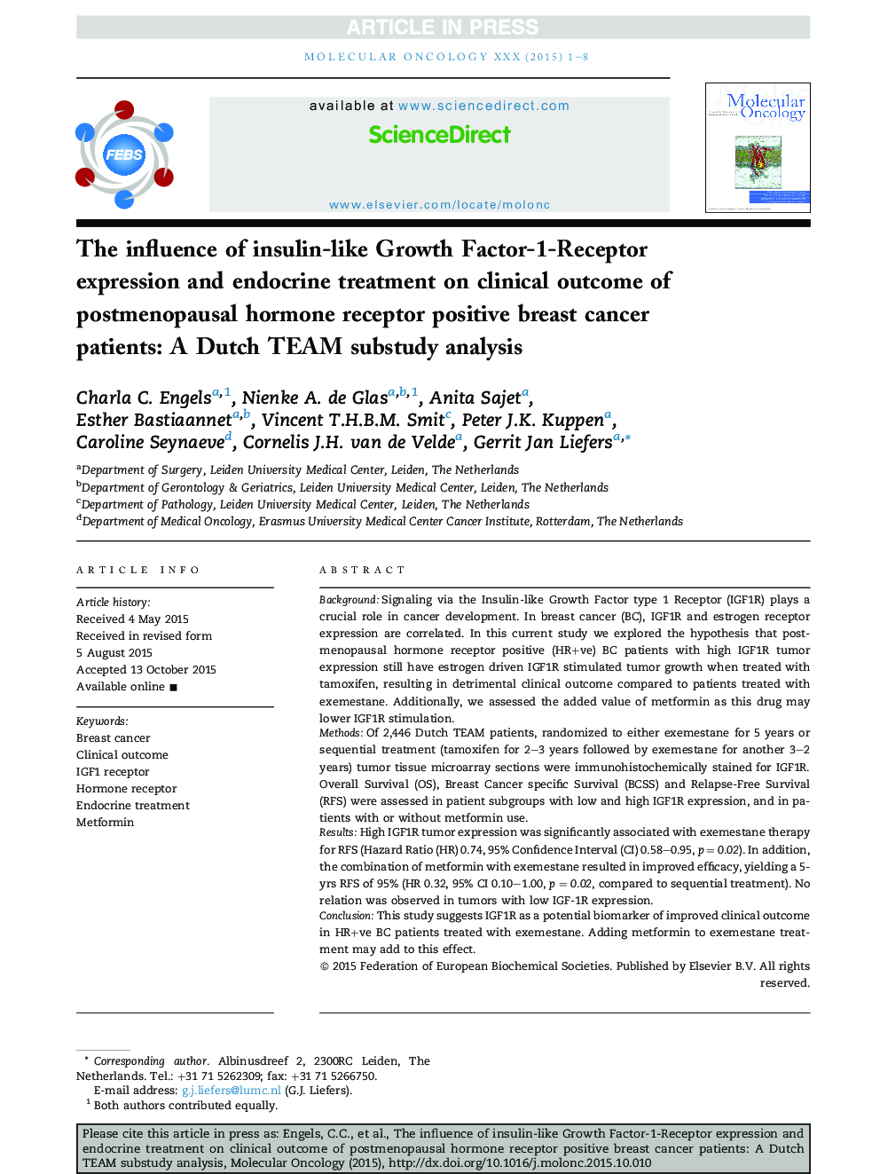 The influence of insulin-like Growth Factor-1-Receptor expression and endocrine treatment on clinical outcome of postmenopausal hormone receptor positive breast cancer patients: A Dutch TEAM substudy analysis