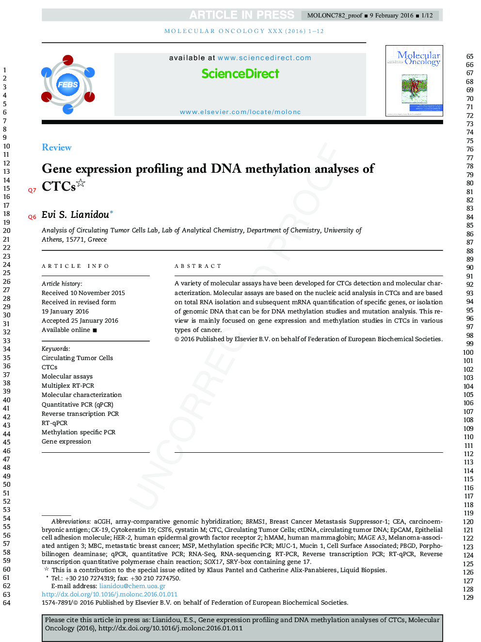 Gene expression profiling and DNA methylation analyses of CTCs