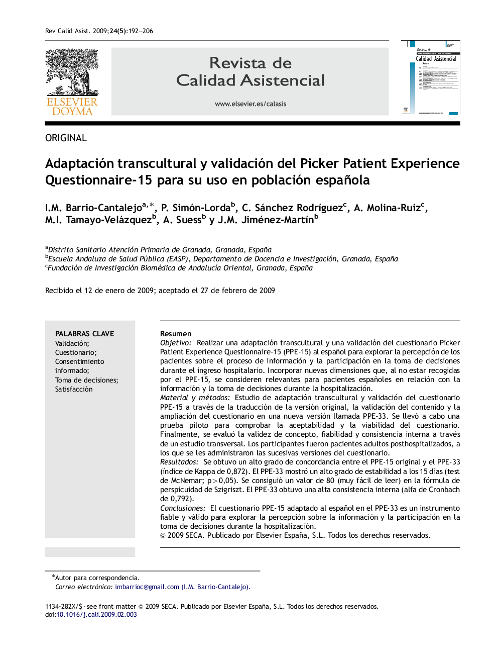 Adaptación transcultural y validación del Picker Patient Experience Questionnaire-15 para su uso en población española