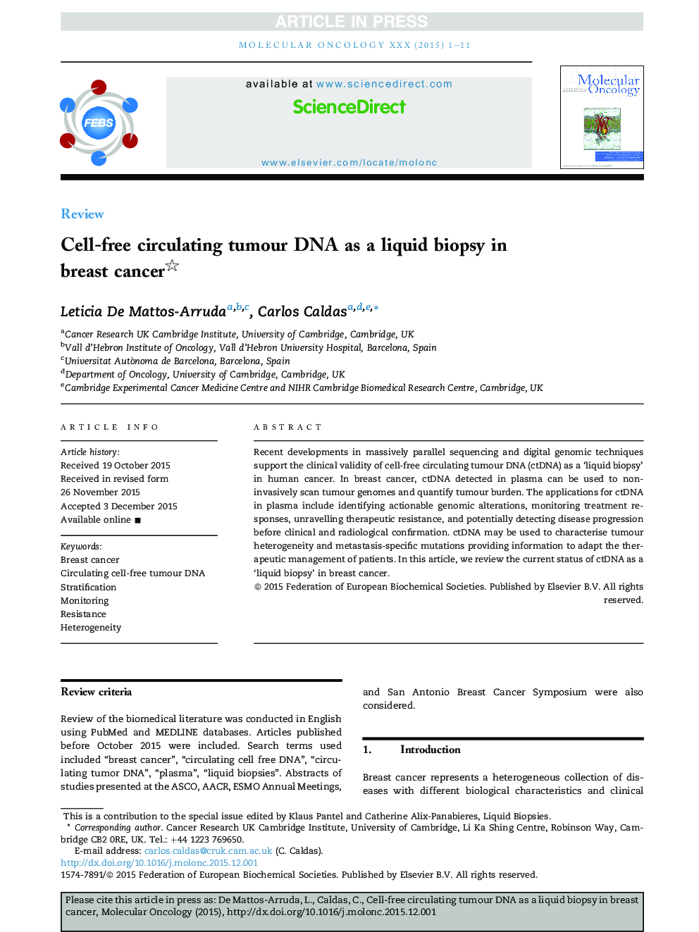 Cell-free circulating tumour DNA as a liquid biopsy in breast cancer