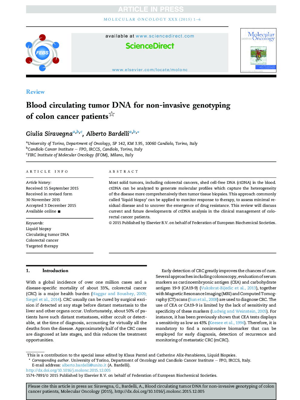 Blood circulating tumor DNA for non-invasive genotyping of colon cancer patients