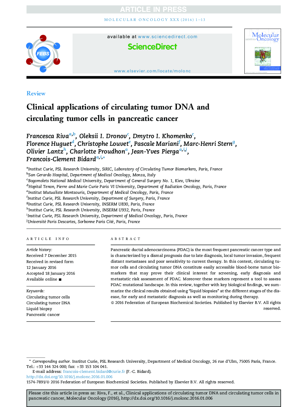 Clinical applications of circulating tumor DNA and circulating tumor cells in pancreatic cancer