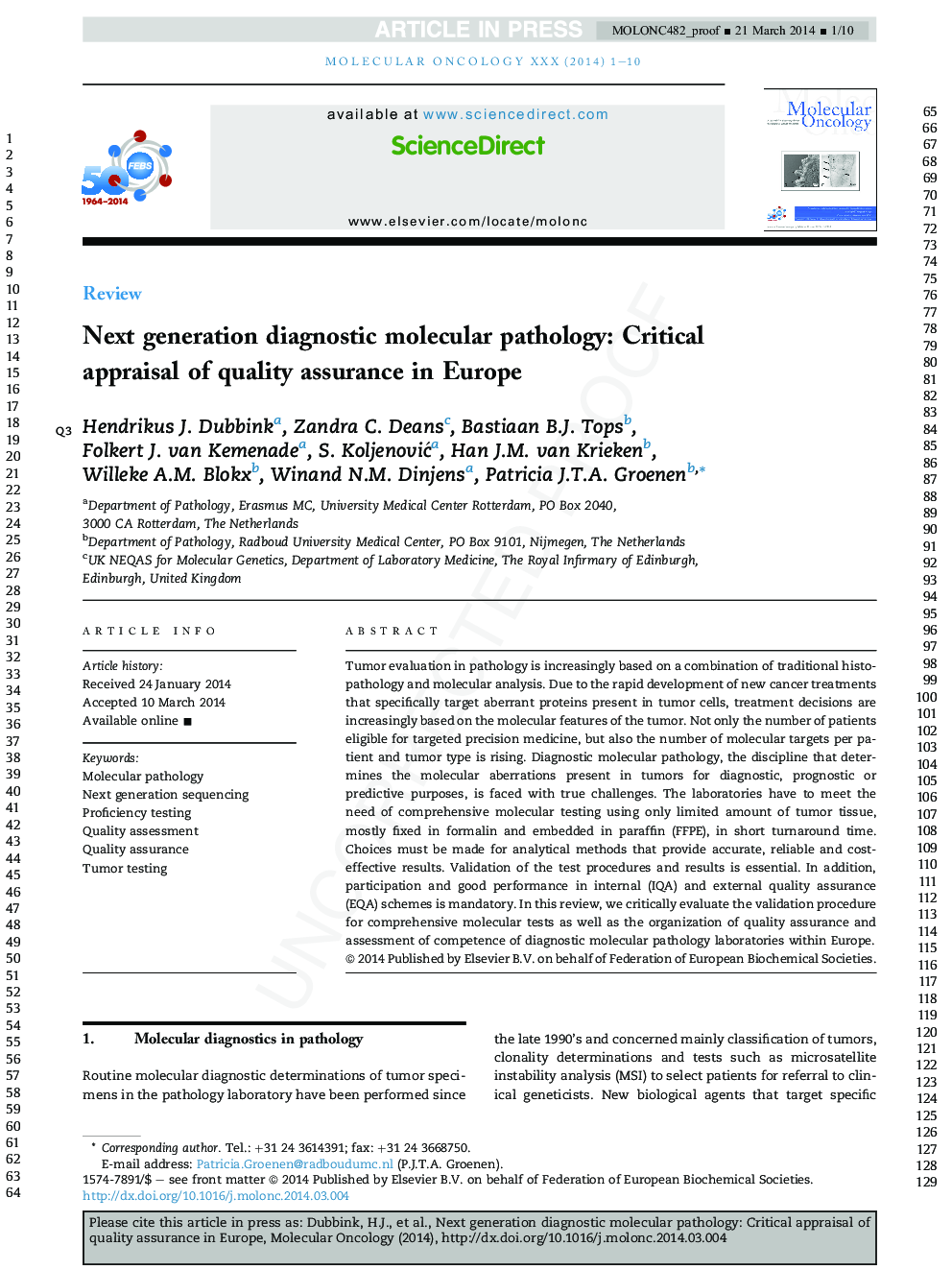 Next generation diagnostic molecular pathology: Critical appraisal of quality assurance in Europe