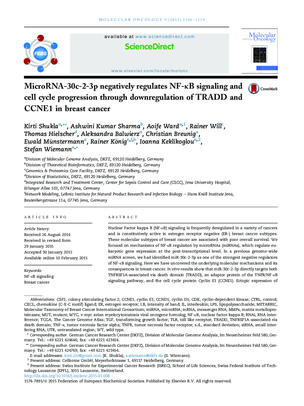 MicroRNA-30c-2-3p negatively regulates NF-ÎºB signaling and cell cycle progression through downregulation of TRADD and CCNE1 in breast cancer