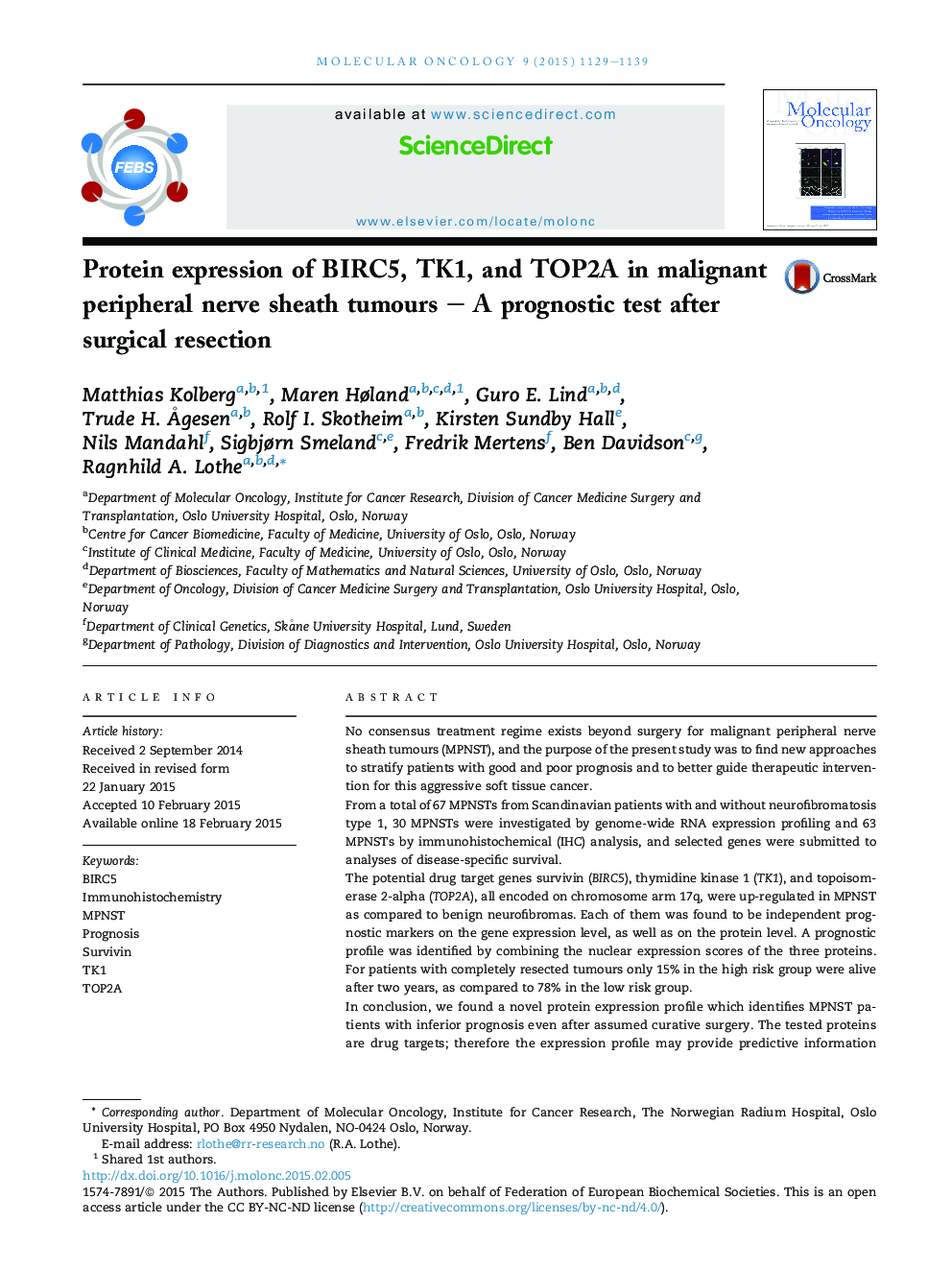 Protein expression of BIRC5, TK1, and TOP2A in malignant peripheral nerve sheath tumours - A prognostic test after surgical resection