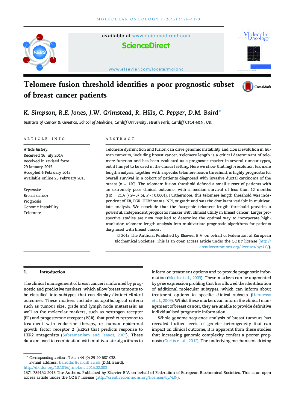 Telomere fusion threshold identifies a poor prognostic subset of breast cancer patients