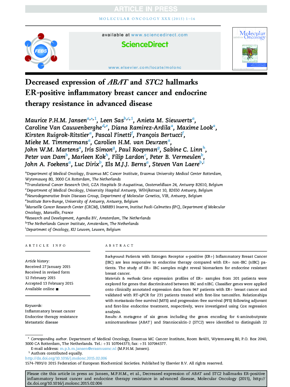 Decreased expression of ABAT and STC2 hallmarks ER-positive inflammatory breast cancer and endocrine therapy resistance in advanced disease