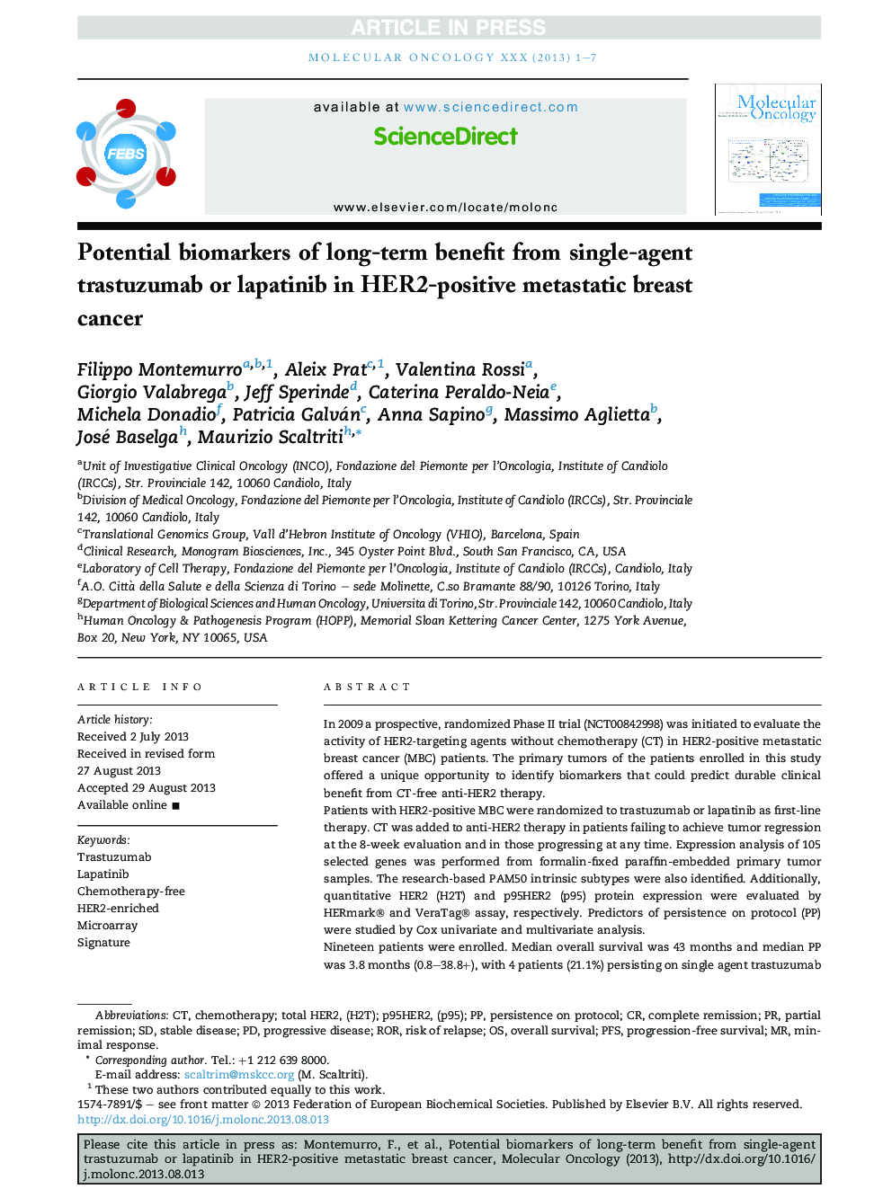 Potential biomarkers of long-term benefit from single-agent trastuzumab or lapatinib in HER2-positive metastatic breast cancer