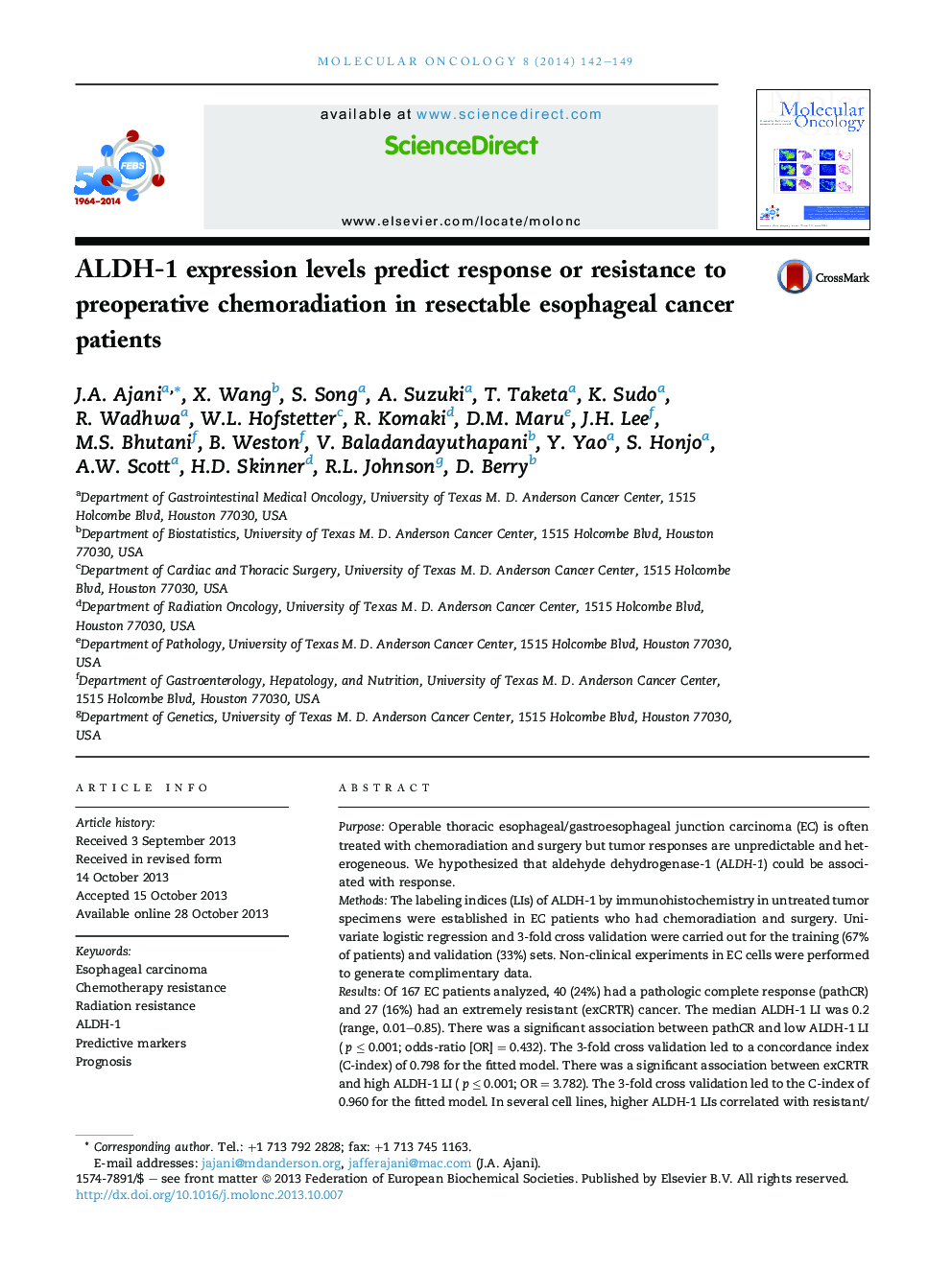 ALDH-1 expression levels predict response or resistance to preoperative chemoradiation in resectable esophageal cancer patients