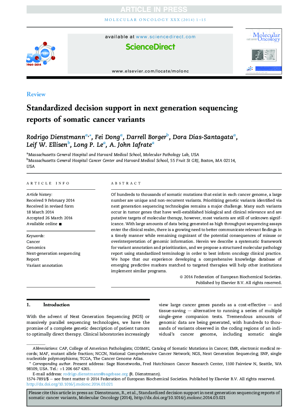 Standardized decision support in next generation sequencing reports of somatic cancer variants