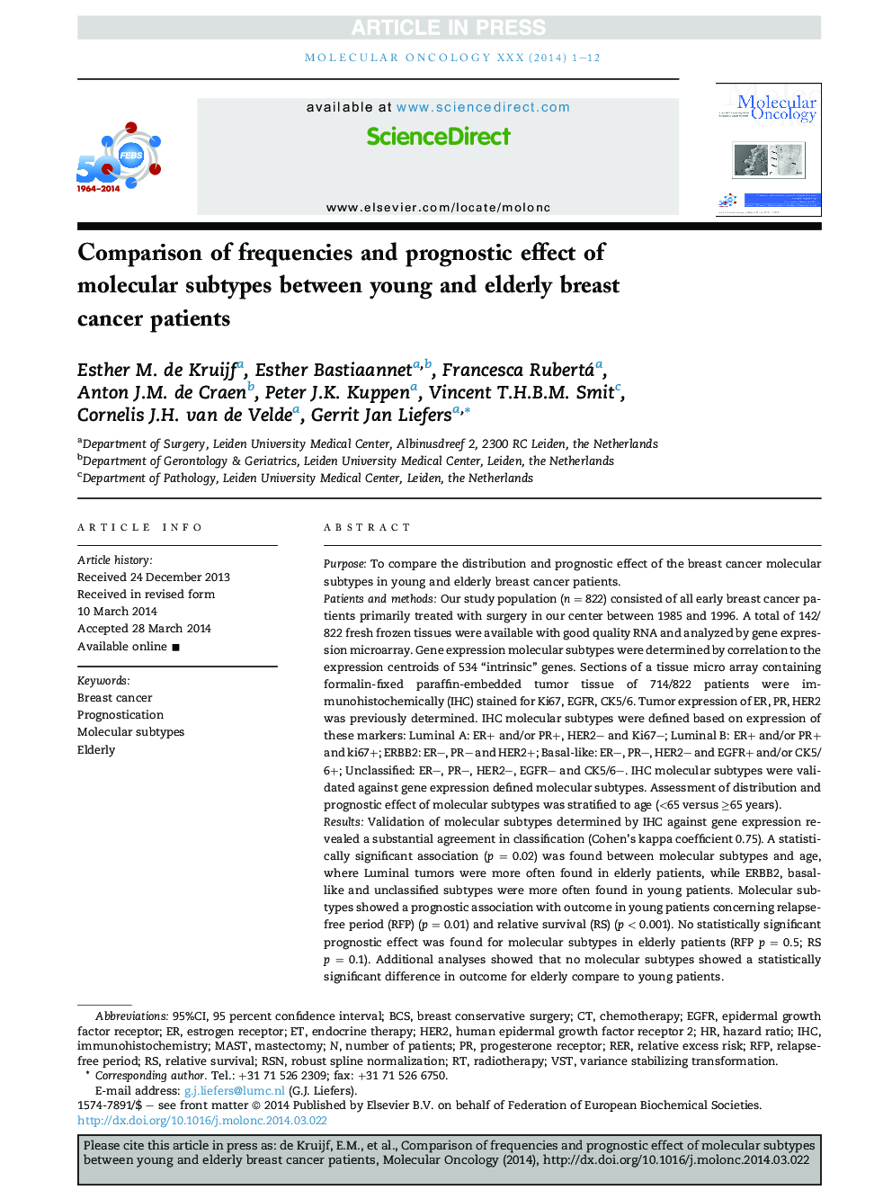 Comparison of frequencies and prognostic effect of molecular subtypes between young and elderly breast cancer patients