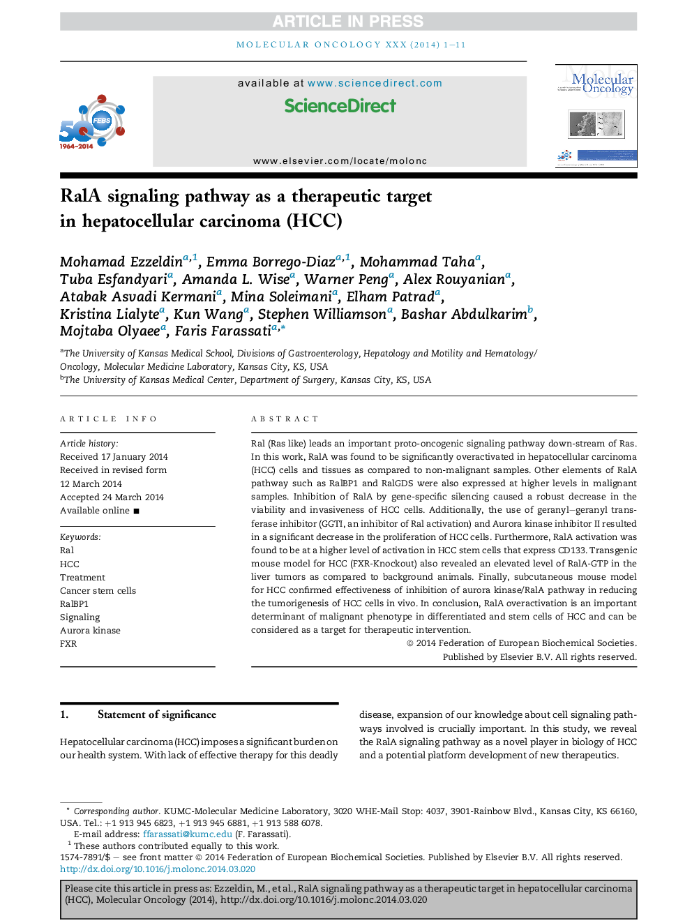 RalA signaling pathway as a therapeutic target in hepatocellular carcinoma (HCC)