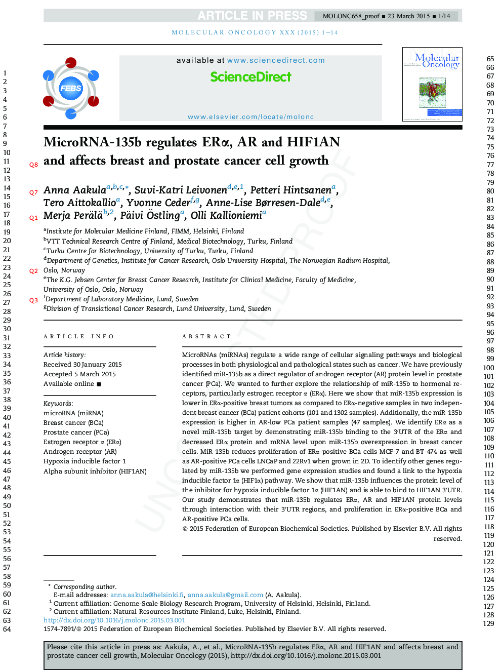 MicroRNA-135b regulates ERÎ±, AR and HIF1AN and affects breast and prostate cancer cell growth