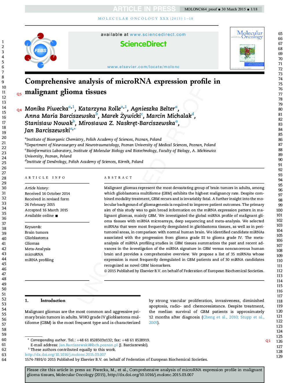 Comprehensive analysis of microRNA expression profile in malignant glioma tissues