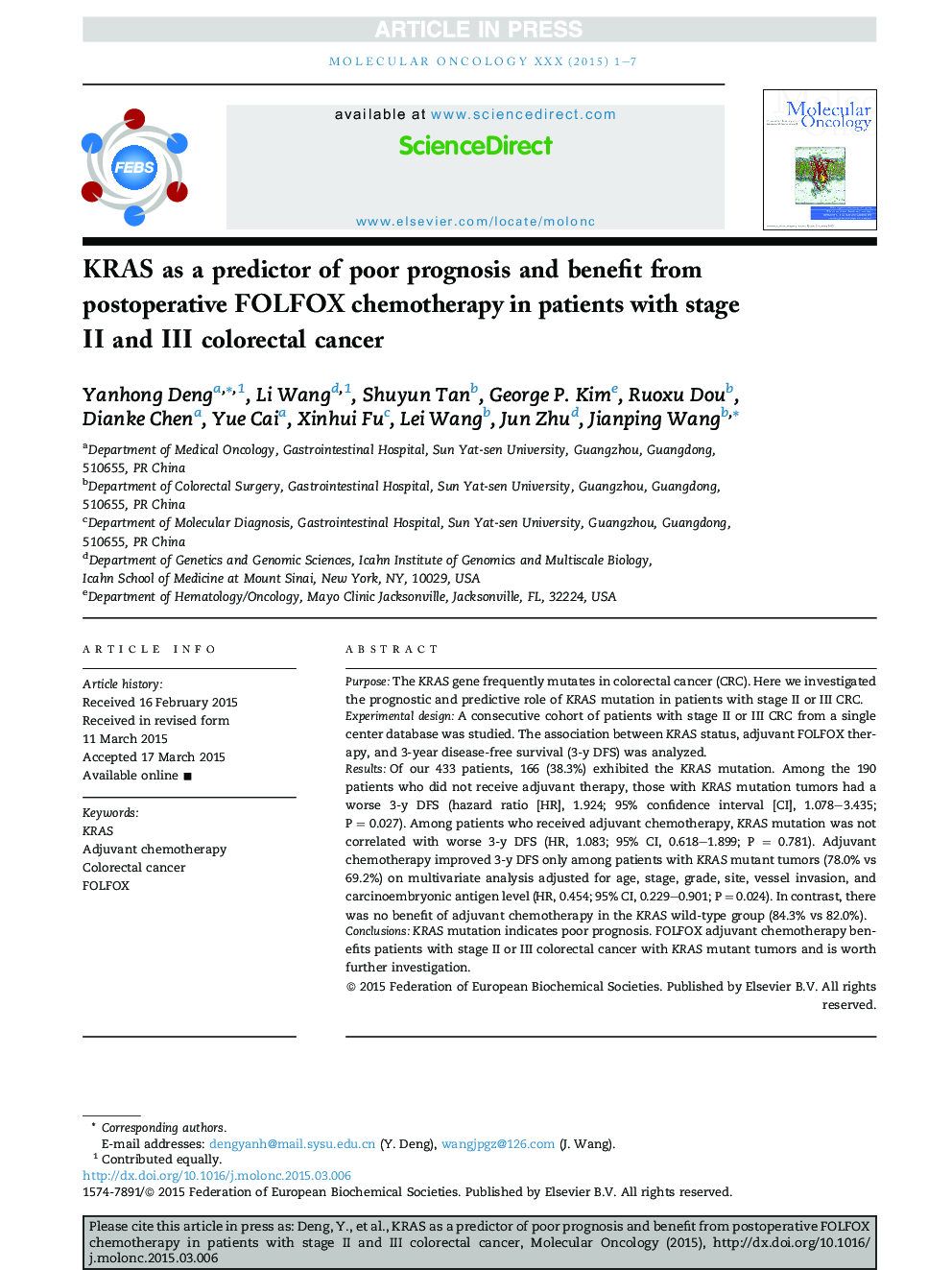 KRAS as a predictor of poor prognosis and benefit from postoperative FOLFOX chemotherapy in patients with stage II and III colorectal cancer