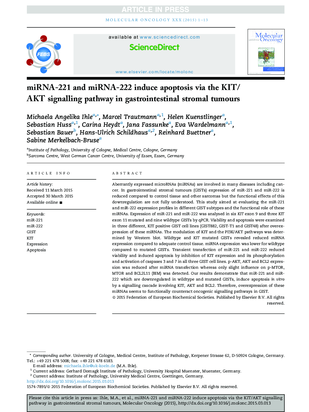 miRNA-221 and miRNA-222 induce apoptosis via the KIT/AKT signalling pathway in gastrointestinal stromal tumours