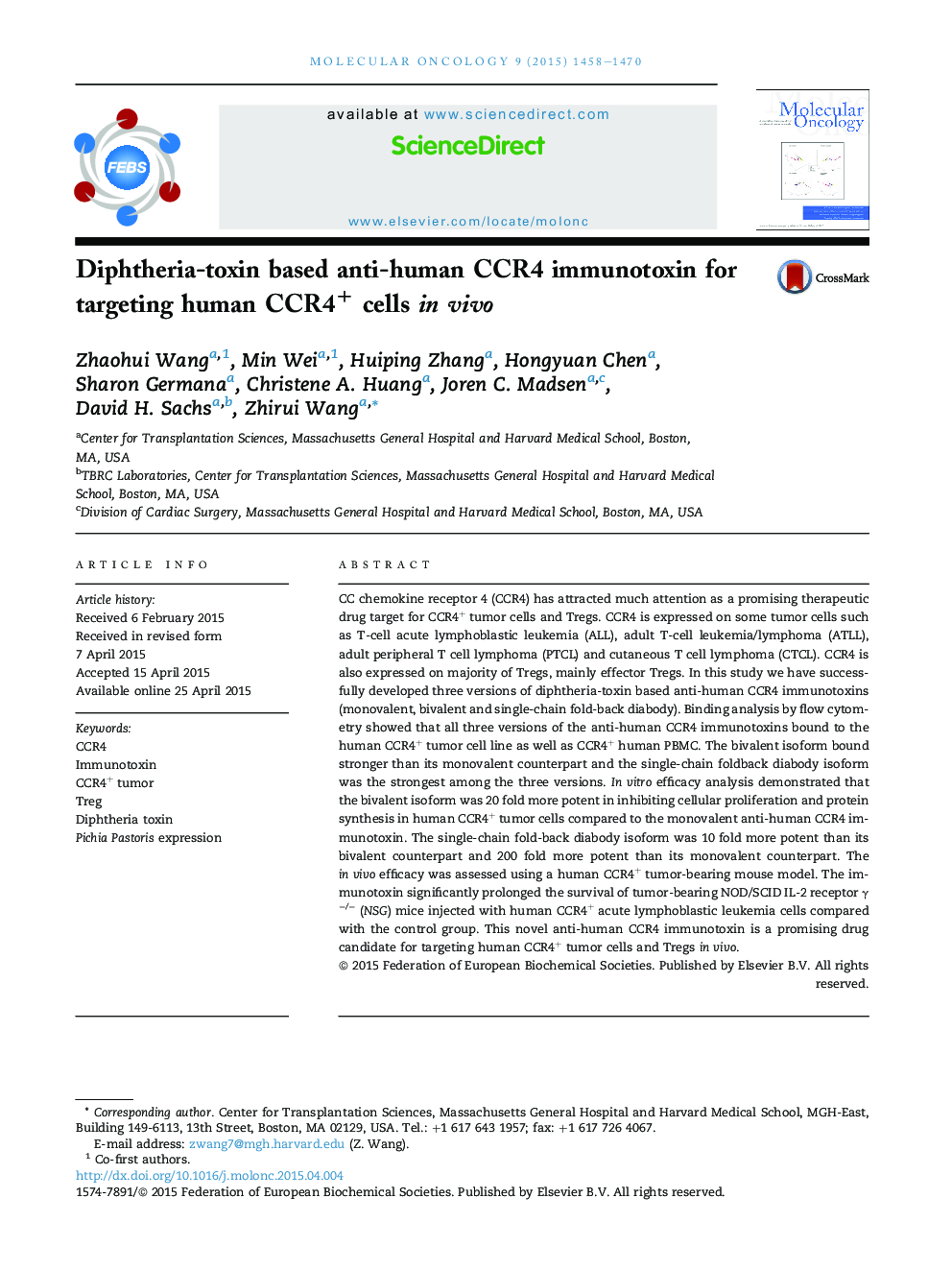 Diphtheria-toxin based anti-human CCR4 immunotoxin for targeting human CCR4+ cells inÂ vivo