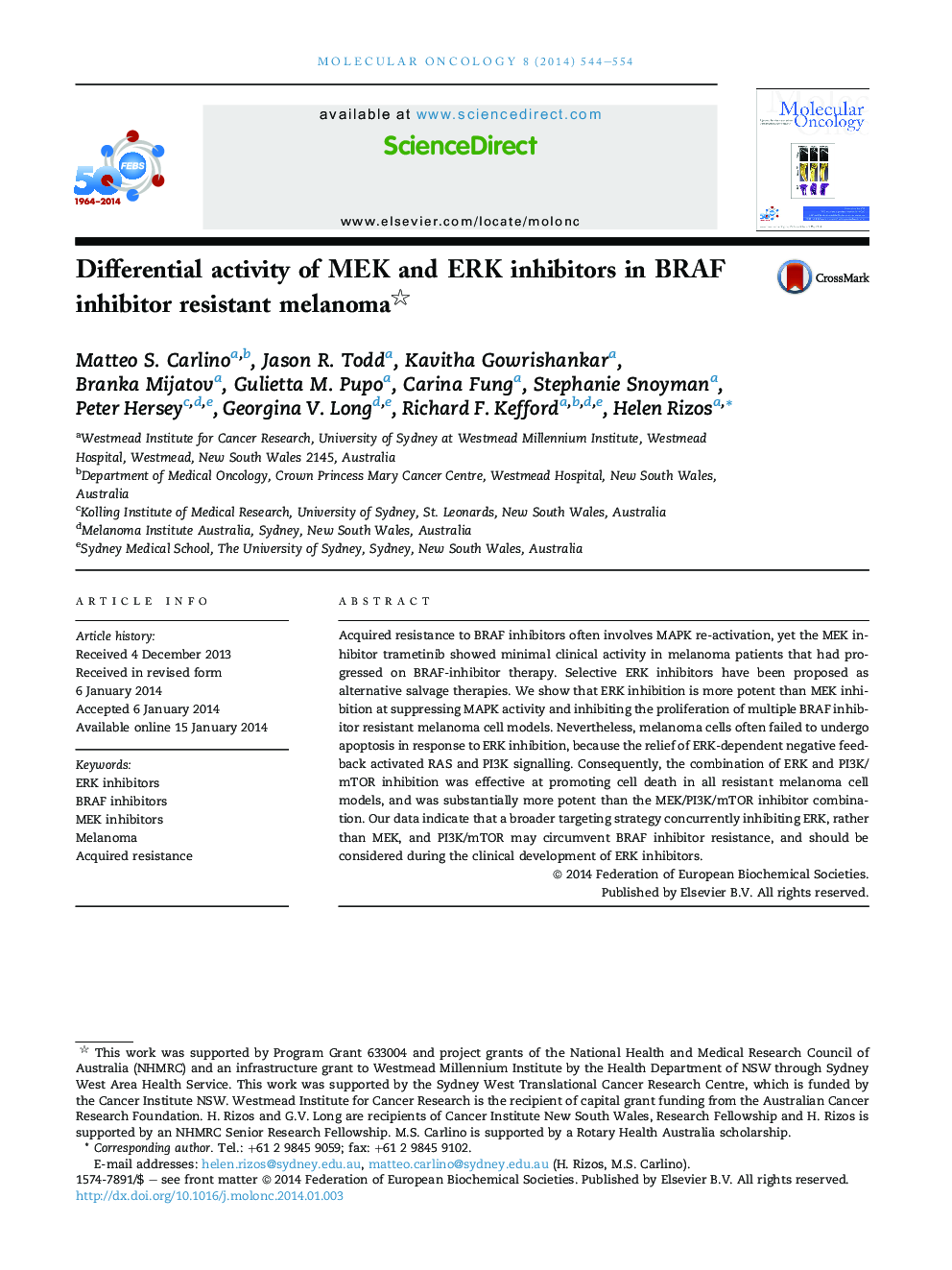 Differential activity of MEK and ERK inhibitors in BRAF inhibitor resistant melanoma