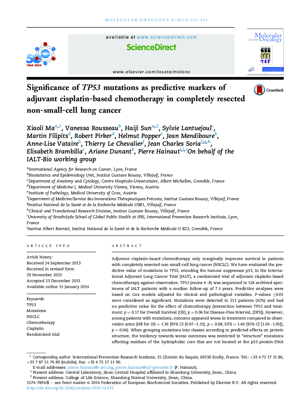 Significance of TP53 mutations as predictive markers of adjuvant cisplatin-based chemotherapy in completely resected non-small-cell lung cancer