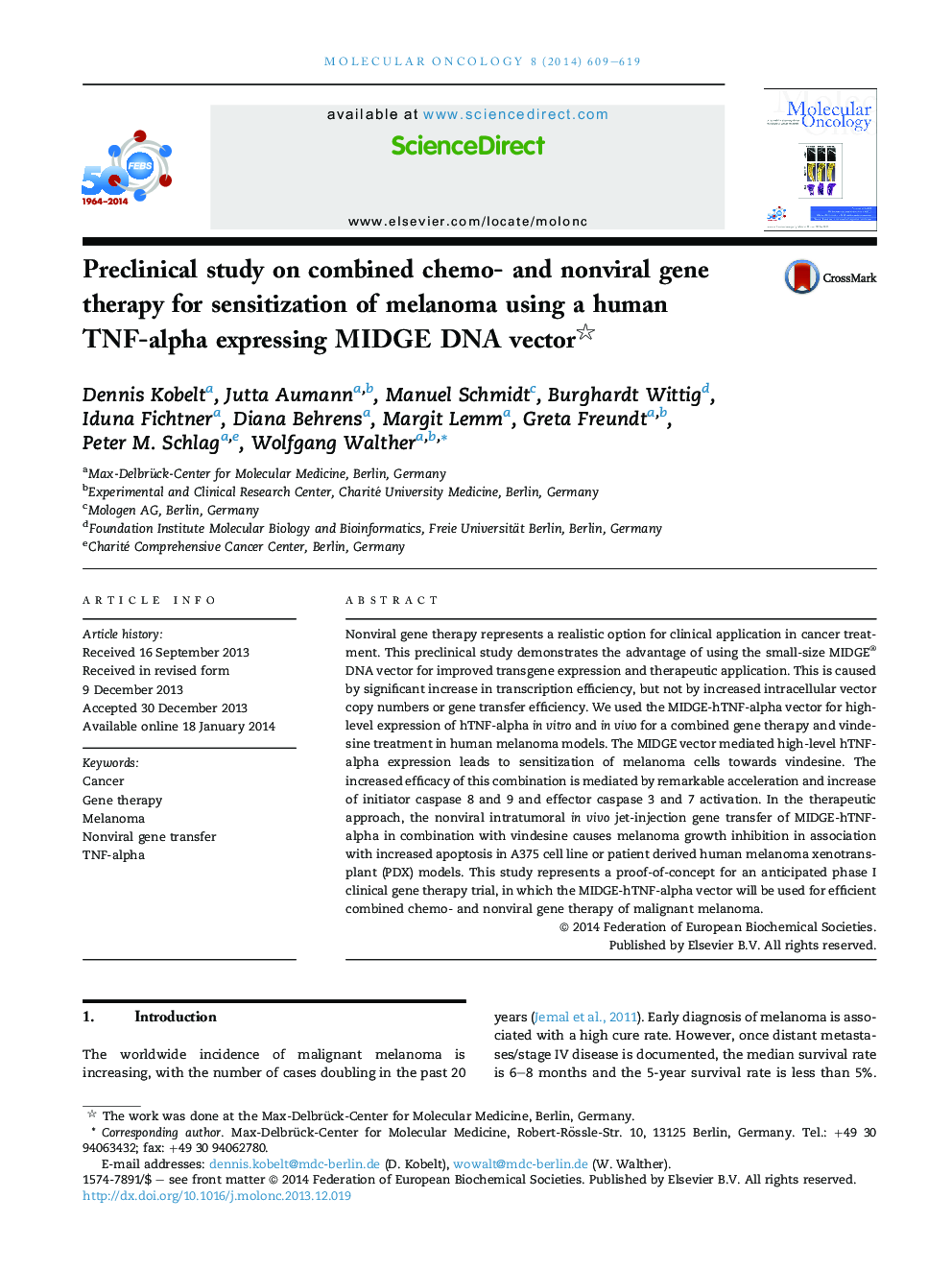 Preclinical study on combined chemo- and nonviral gene therapy for sensitization of melanoma using a human TNF-alpha expressing MIDGE DNA vector
