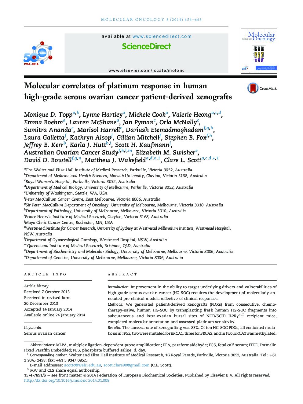 Molecular correlates of platinum response in human high-grade serous ovarian cancer patient-derived xenografts