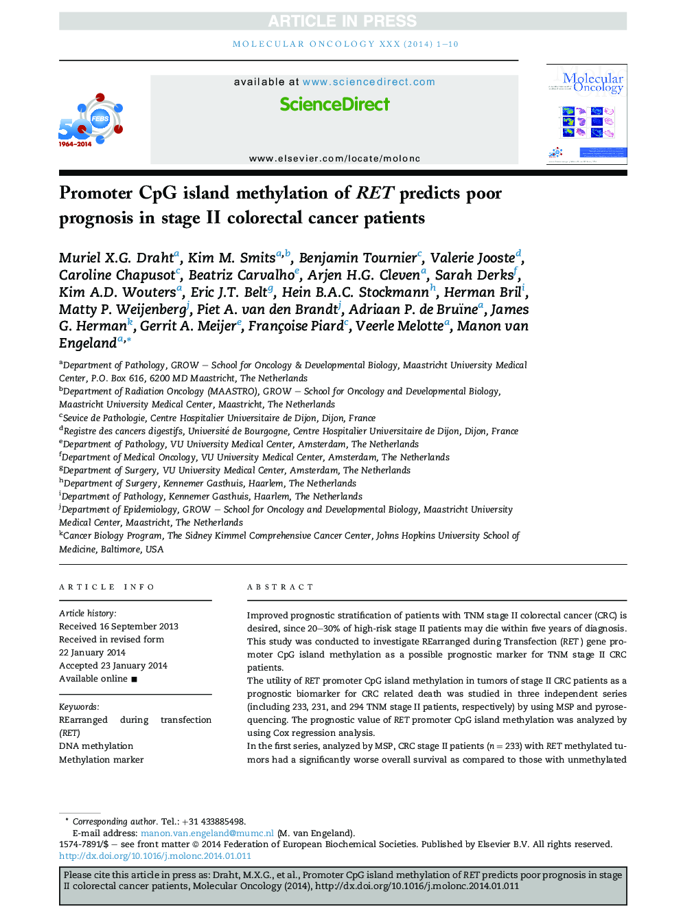 Promoter CpG island methylation of RET predicts poor prognosis in stage II colorectal cancer patients
