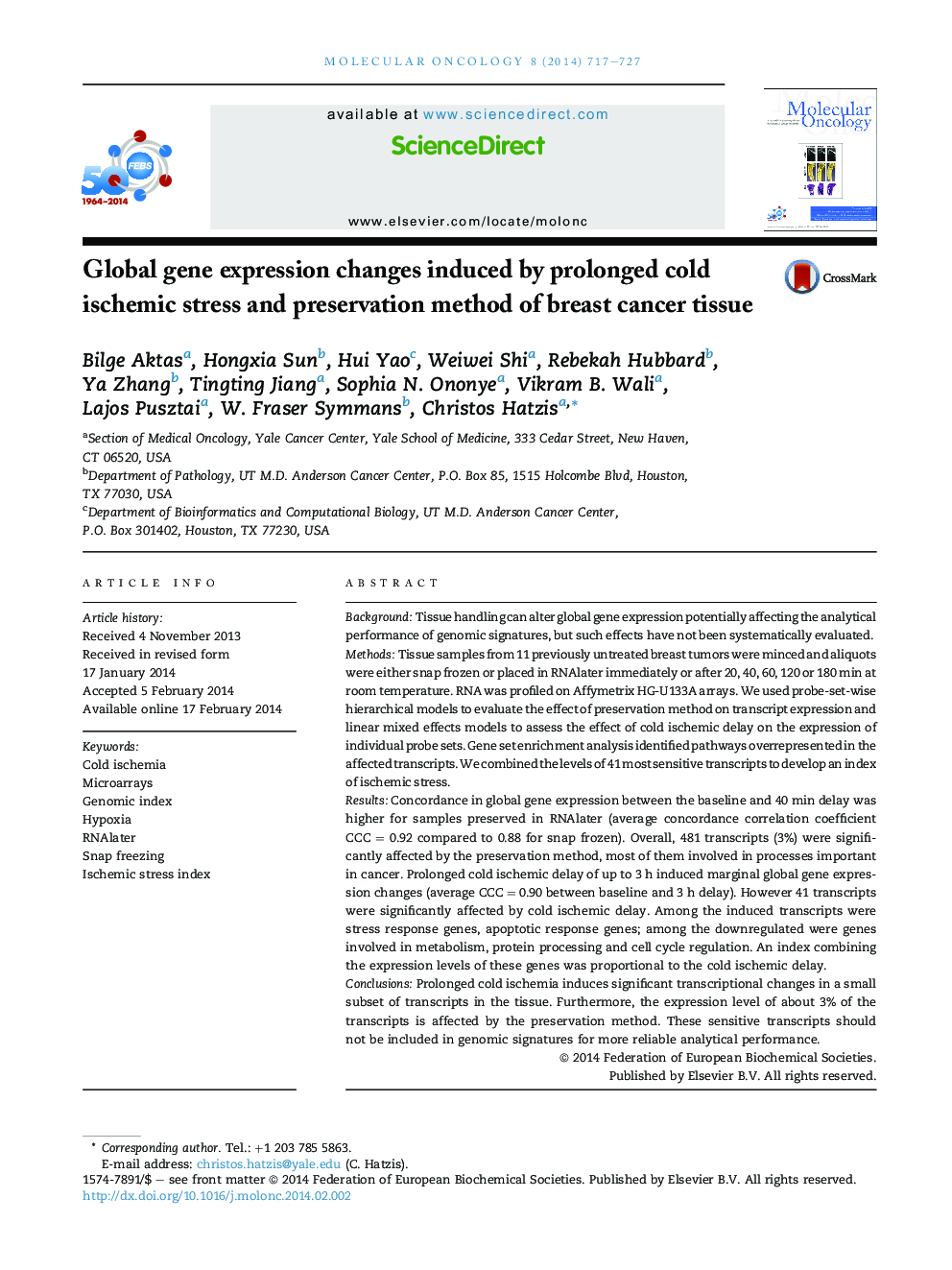 Global gene expression changes induced by prolonged cold ischemic stress and preservation method of breast cancer tissue