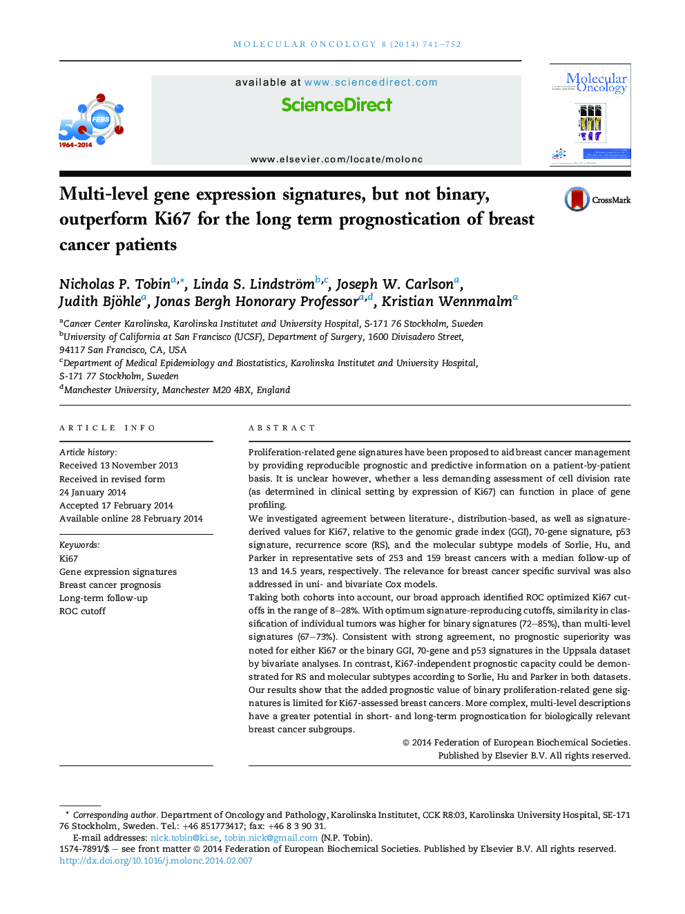 Multi-level gene expression signatures, but not binary, outperform Ki67 for the long term prognostication of breast cancer patients