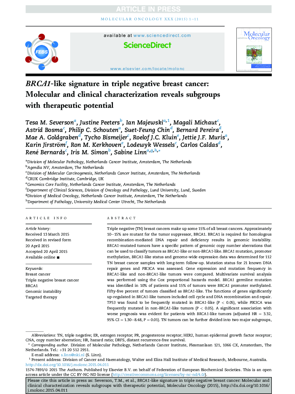 BRCA1-like signature in triple negative breast cancer: Molecular and clinical characterization reveals subgroups with therapeutic potential