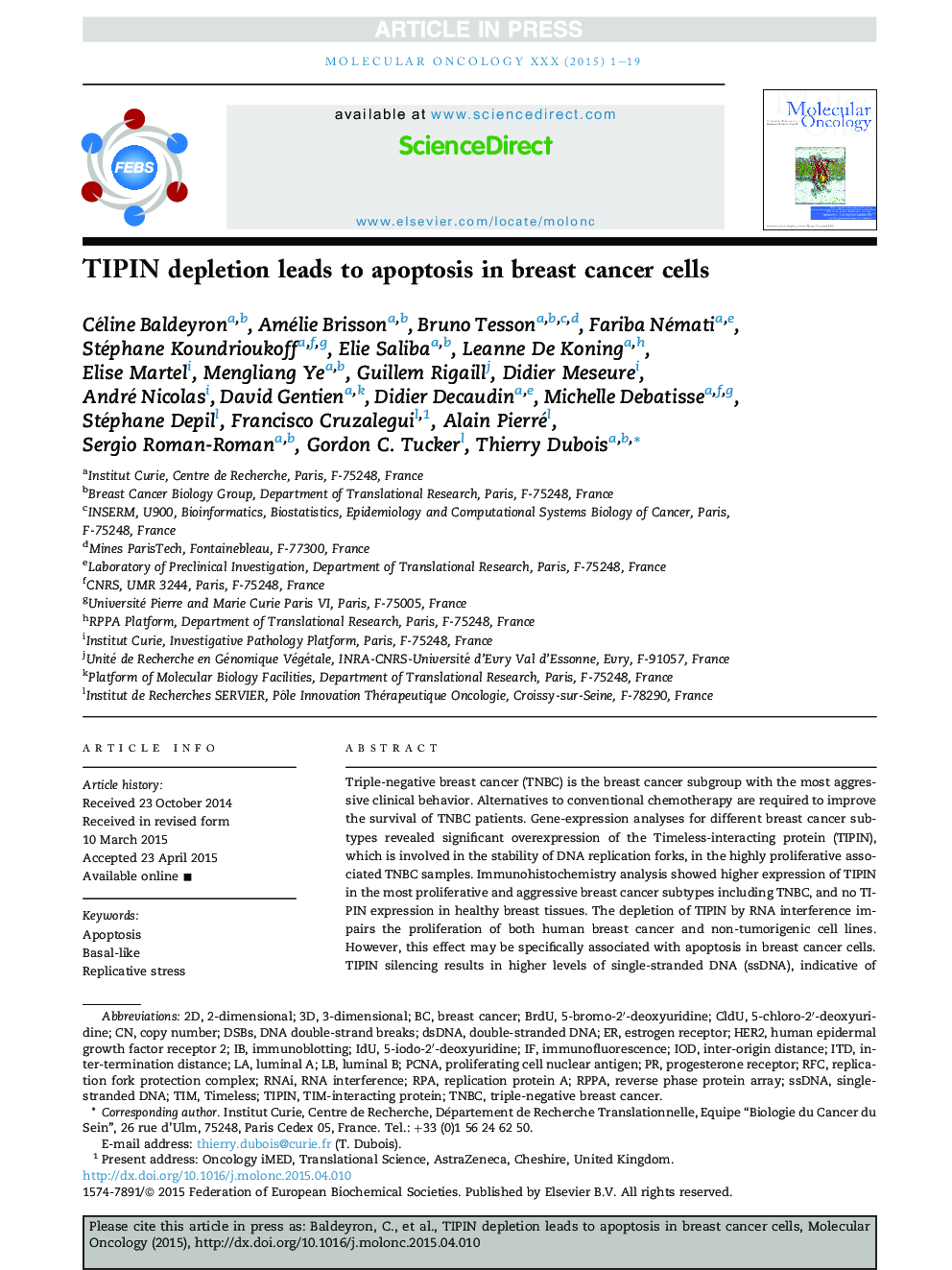 TIPIN depletion leads to apoptosis in breast cancer cells